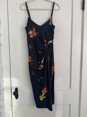 Navy Floral Twist-Front Spaghetti Strap Dress